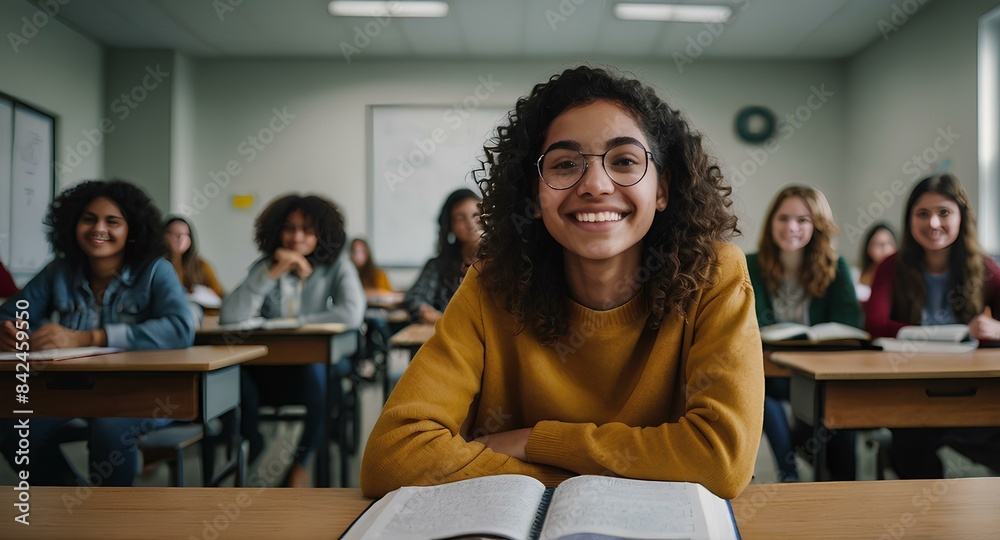 Happy college student during a lecture in the classroom looking at camera.