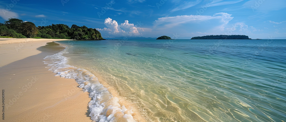 Serene Beach Landscape with Distant Island View on Horizon Serene Beach Landscape with Distant Island View on Horizon