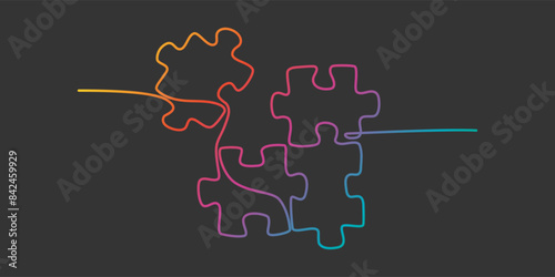 Continuous single line drawing of four puzzle pieces. Colored gradient neon jigsaw. Problem solving and solution business metaphor. One line drawing of puzzle piece for idea, thinking process