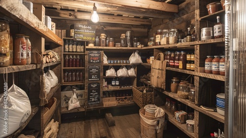 A rustic storage room with wooden shelves and vintage-inspired banners displaying infographic data on storage details such as temperature  water bottle inventory  meat supplies  and canned food stock