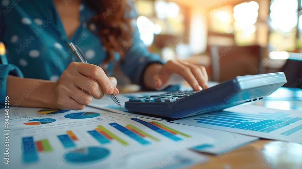 Person is using a calculator to add numbers on a piece of paper. Concept of focus and concentration as the person works on the calculations Person is using a calculator to add numbers on a piece of paper. Concept of focus and concentration as the person works on the calculations