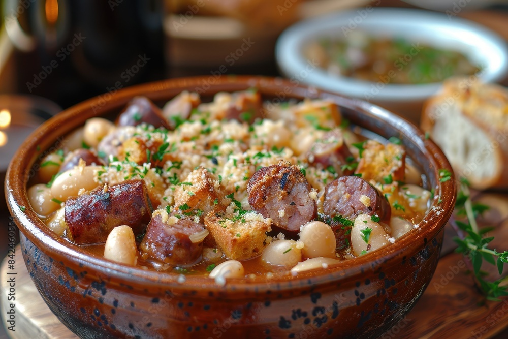 Cassoulet A hearty dish of Cassoulet with white beans, sausage, and duck confit, topped with breadcrumbs. Served in a rustic ceramic bowl. Cassoulet A hearty dish of Cassoulet with white beans, sausage, and duck confit, topped with breadcrumbs. Served in a rustic ceramic bowl.