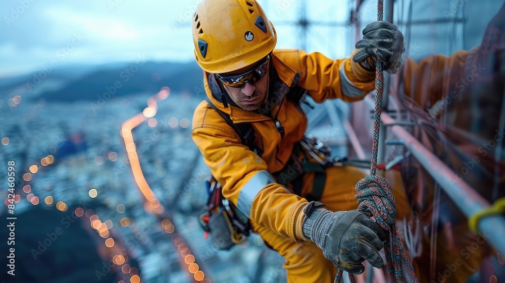 A man in a yellow jacket is climbing a rope A man in a yellow jacket is climbing a rope