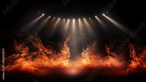 A stage with a spotlight on it and a fire in the background