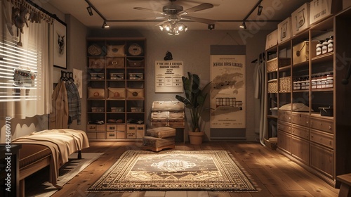 A cozy storage room with warm lighting and soft textures, featuring vintage-inspired banners displaying infographic data on essentials like temperature, remaining water bottles, and meat supplies