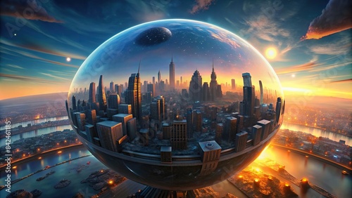 Full 360 degrees seamless spherical panorama HDRI of futuristic daytime city skyline, futuristic, cityscape, skyscrapers, skyline, urban, modern, architecture, buildings, metropolis, future photo