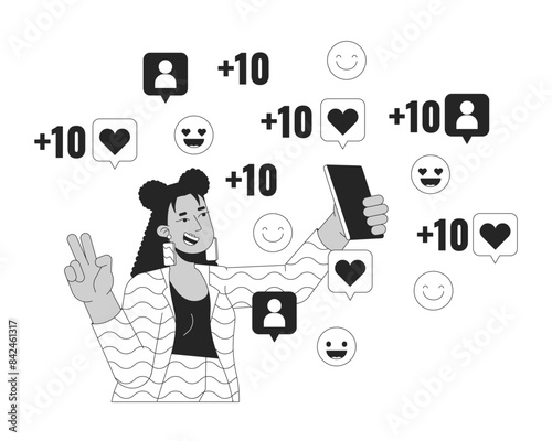 Blogger posing on smartphone camera for followers black and white 2D line cartoon character. Latina woman victory fingers isolated vector outline person. Gen z monochromatic flat spot illustration