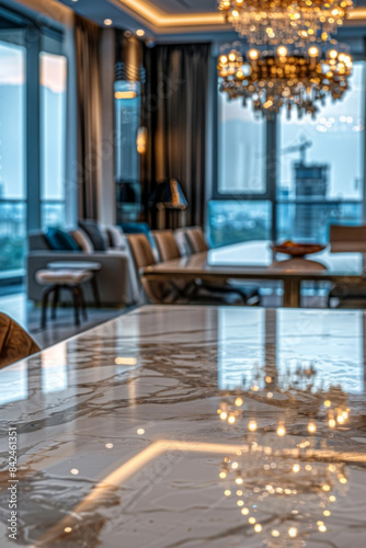 An elegant, polished marble dining table in the foreground with a blurred background of a luxury hotel penthouse suite.  © grey