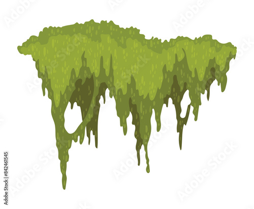 Cartoon jungle moss shape. Green swamp moss, forest hanging and creeping lichen. Rainy forest flora. Marsh plant for computer games isolated on white. Flat vector illustration
