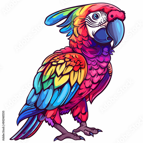 A colorful parrot is perched. The bird's bright colors