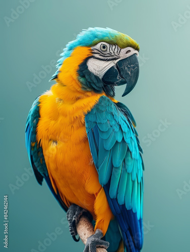 A blue and yellow macaw parrot perched on a branch.