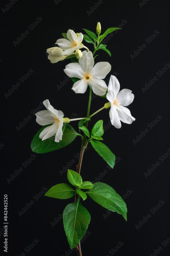flower Photography, Jasminum sambac, copy space on right, Isolated on black Background flower Photography, Jasminum sambac, copy space on right, Isolated on black Background