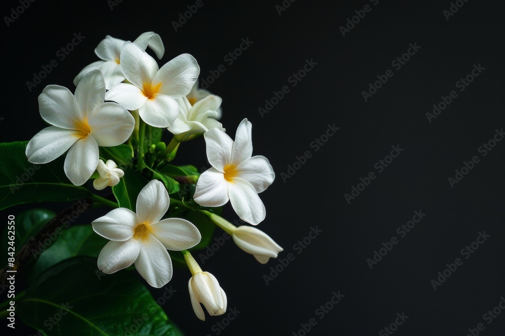 Fototapeta premium flower Photography, Jasminum sambac, full view object, copy space on right, Isolated on Black Background