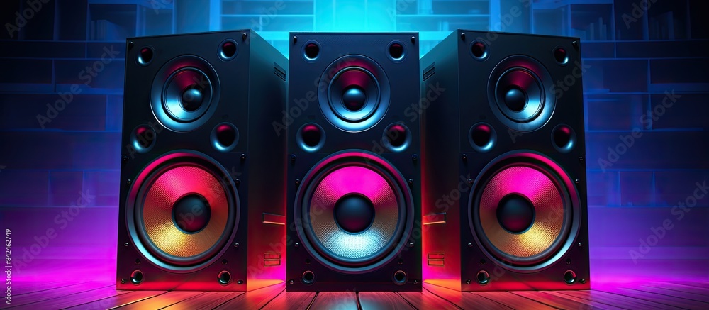 Neon-lit sound speakers on black background with sound wave bridging the gap, offering copy space image. Neon-lit sound speakers on black background with sound wave bridging the gap, offering copy space image.