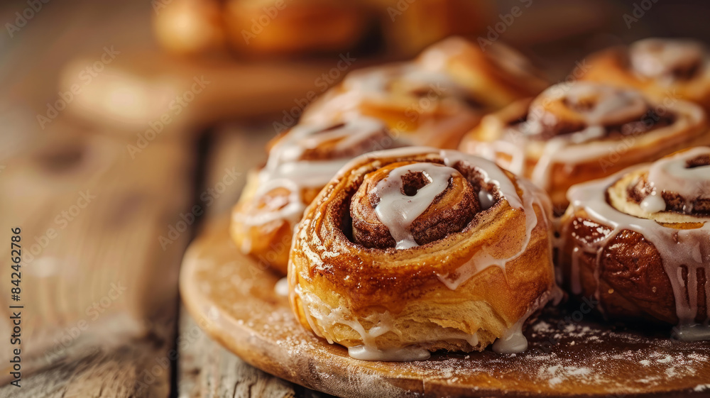 Close-up of freshly baked cinnamon rolls with icing on a wooden board.