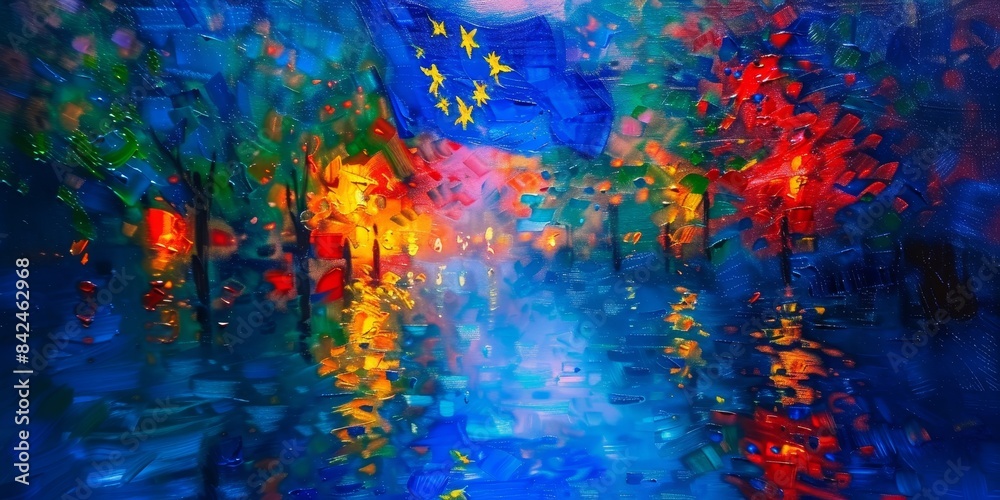 Obraz premium Nighttime Cityscape With Flag and Reflection. Generative AI