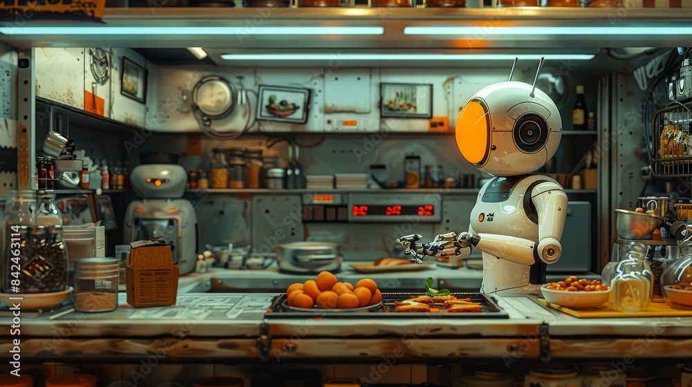 A whimsical illustration of a robot chef preparing a gourmet meal in a high-tech kitchen. A whimsical illustration of a robot chef preparing a gourmet meal in a high-tech kitchen.