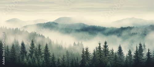 Vintage retro hipster style mountain landscape with misty fog, evergreen forest, and ample copy space image.