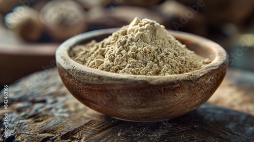 Tinospora cordifolia powder on a rustic wooden bowl, fine details of the texture and earthy tones, natural light emphasizing the organic feel photo