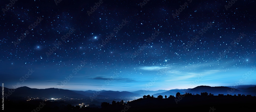 Night landscape photography featuring Comet Neowise and stars in the sky with a clear view of the copy space image.