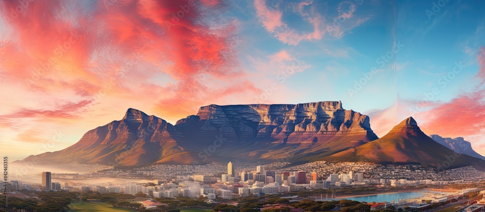 Obraz premium Winter sunrise with Table Mountain and Devil's Peak in the background, suitable as a copy space image.