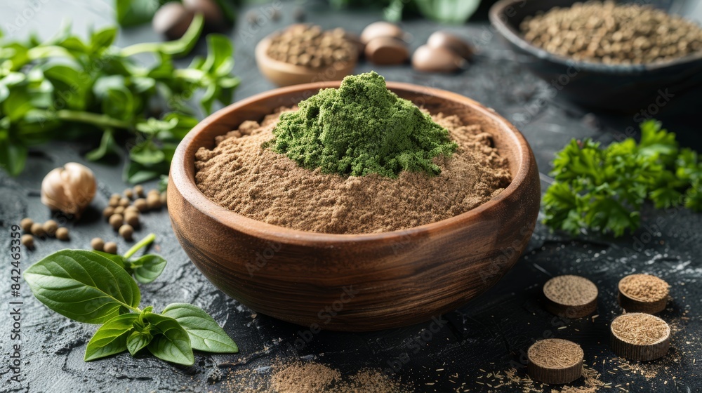 Tinospora cordifolia powder in a handcrafted wooden bowl, surrounded by fresh herbs, detailed and vibrant composition Tinospora cordifolia powder in a handcrafted wooden bowl, surrounded by fresh herbs, detailed and vibrant composition