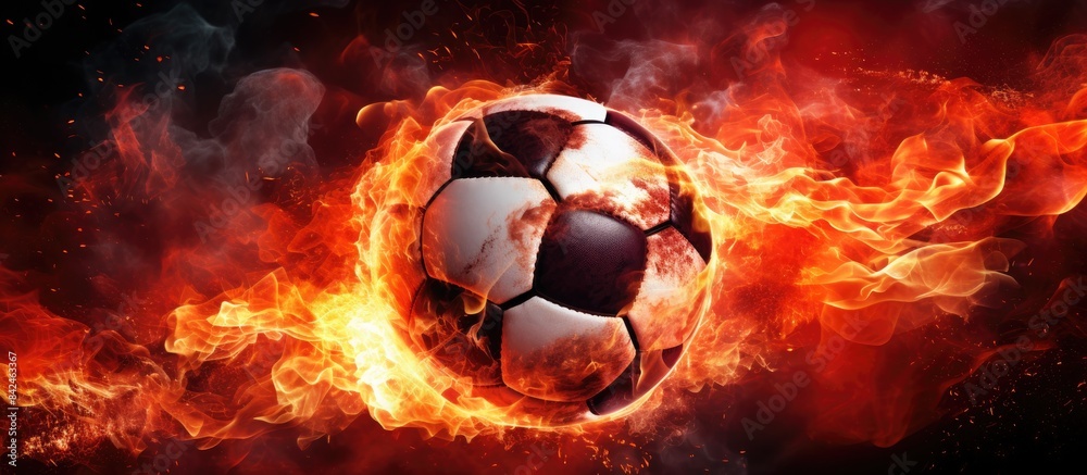 Fototapeta premium Closeup of a soccer ball on the grass of a football field in a packed stadium with spotlights at dusk, representing sport, art, and power in an advertising-friendly copy space image.