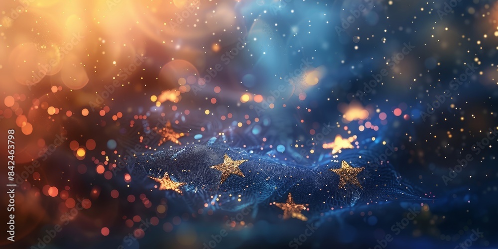Golden Stars on Blue Fabric With Bokeh Lights. Generative AI Golden Stars on Blue Fabric With Bokeh Lights. Generative AI