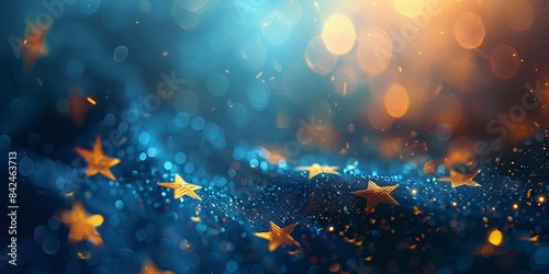 European Union Flag With Golden Stars and Bokeh. Generative AI photo