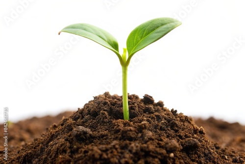 A small, green sprout emerges from a pile of rich, brown soil, set against a clean white background, sprout, seedling, soil, dirt, growth, new life, nature, plant, germination, agriculture