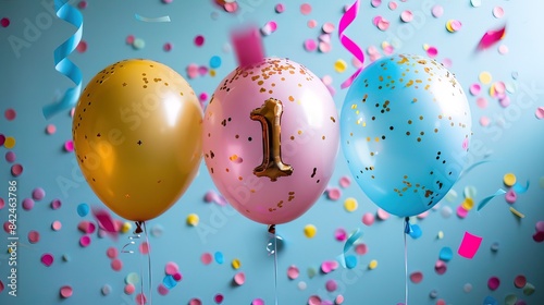 Three colorful balloons, one bearing the number 1 for a first birthday. with confetti and streamers