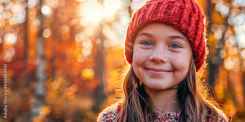 Close-up of the face of a girl with red woolen hat in a forest in autumn Close-up of the face of a girl with red woolen hat in a forest in autumn