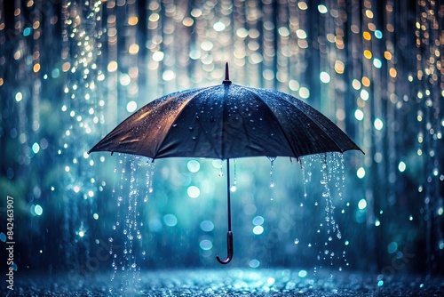 A solitary, dark umbrella stands against a blurred backdrop of falling rain, the drops clinging to the fabric in glistening beads, raindrops, umbrella, dark, blurred, rain, background