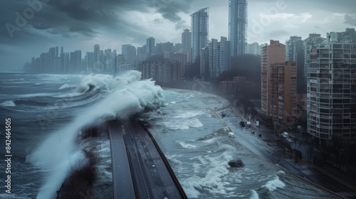 Liniya phenomenon, large waves hit the shore, destroying cities, roads and cars. photo