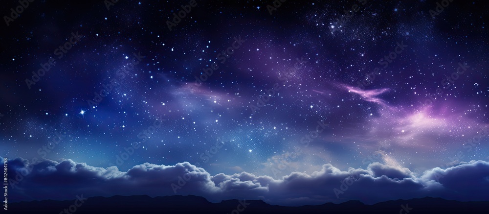 Scenic night sky view capturing the Milky Way, stars, nebula, and galaxy on a dark backdrop captured with long exposure and white balance adjustment, providing a cosmic copy space image.