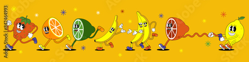  Cool set of hippie fruit retro 80s funky mascot stickers. Comic character of cherry, strawberry, banana, fruits, berries. Great summer, spring, autumn. Funny cartoon fruit juicy illustration