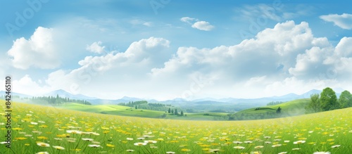 Nature landscape featuring a stunning meadow field with fresh grass and yellow dandelion flowers under a hazy blue sky with clouds  and ample copy space image.