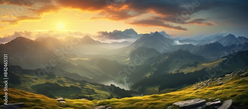 Fototapeta Naklejka Na Ścianę i Meble -  Summer landscape in the High Tatra mountains showing a meadow with large stones amidst grass on a hill near the peak of a mountain range at sunset with a copy space image.