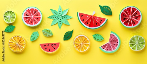 Tropical-themed paper fruit on a white background with ample copy space for text in a flat lay composition.