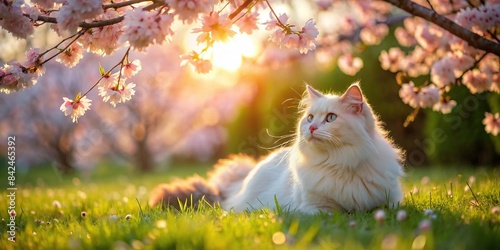 A fluffy Ragdoll cat basks in the warm sunshine beneath a blossoming cherry tree, its white fur catching the pink light as it rolls playfully on the soft grass, ragdoll cat photo