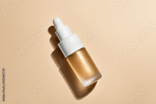 Dropper bottle with beauty oil lying on beige background. Skin care concept for design. Cosmetics presentation.