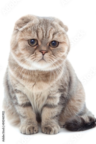 A Grey Tabby Scottish Fold Cat Sitting on a White Background © PLATİNUM