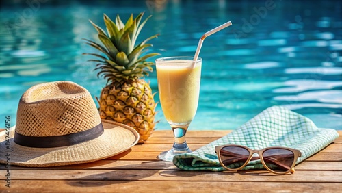 A refreshing fruit cocktail shake in a glass with a straw, sunglasses, a hat, and a pineapple resting on a towel by a tropical beach swimming pool, tropical beach, swimming pool