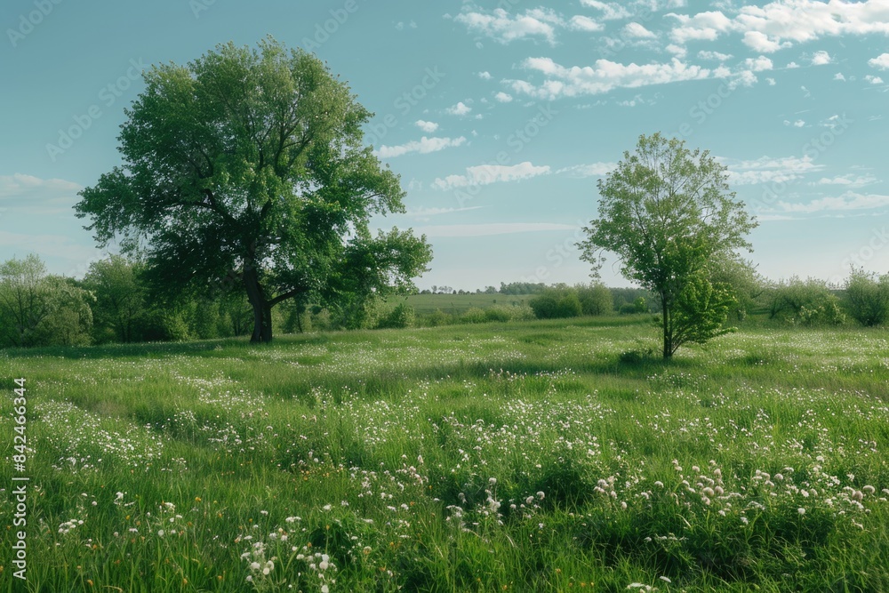 Green Grass and Trees. Peaceful Spring Landscape with Trees, Flowers, and Blue Sky Green Grass and Trees. Peaceful Spring Landscape with Trees, Flowers, and Blue Sky