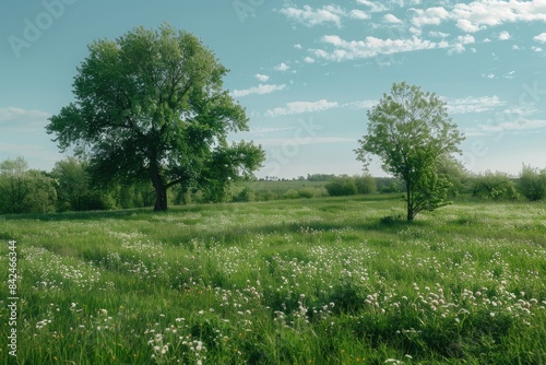 Green Grass and Trees. Peaceful Spring Landscape with Trees  Flowers  and Blue Sky
