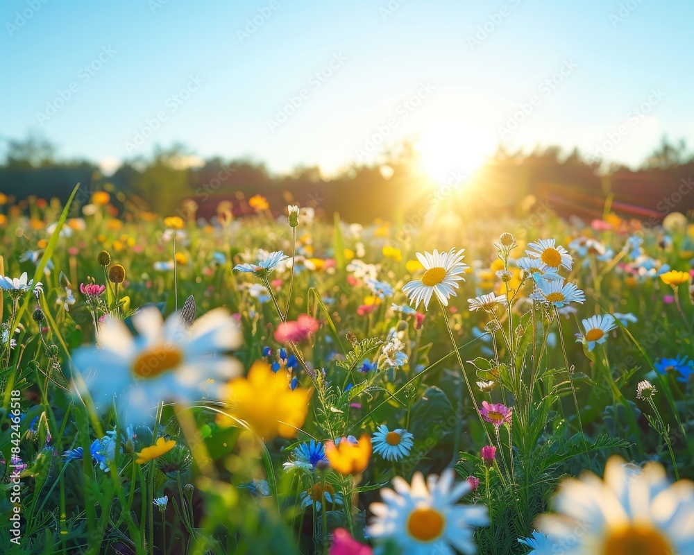 Fototapeta premium Sunlit meadow with wildflowers under a clear sky