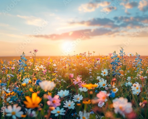 A sunlit meadow with wildflowers blooming under a clear sky welcomes visitors to its serene beauty.