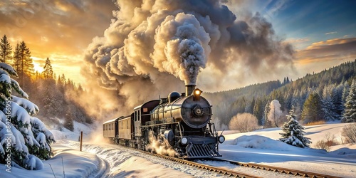 A powerful steam locomotive, its black iron body billowing white smoke