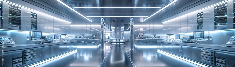 Obraz premium A hightech lab with secure data storage, Futuristic, Silver, 3D, Advanced technology and pristine environment