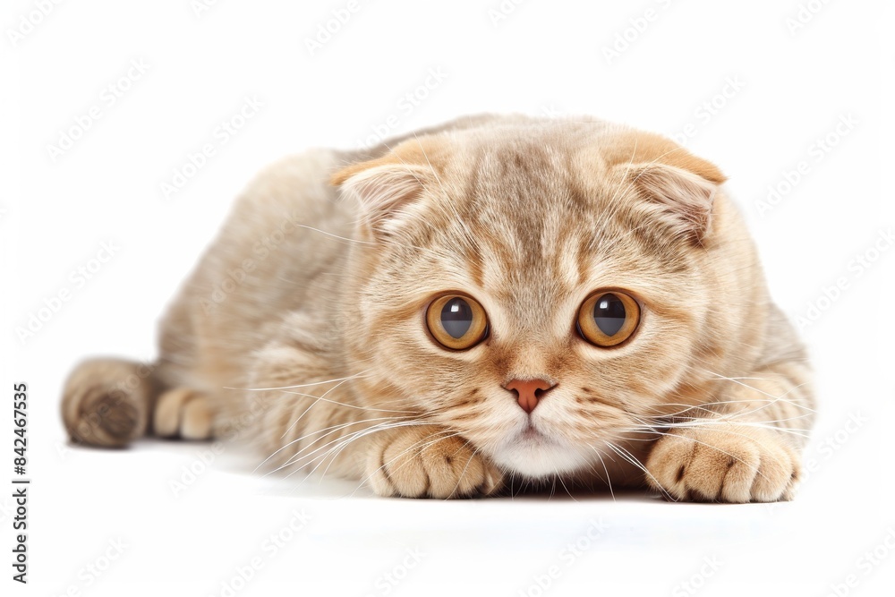 Close Up Of A Scottish Fold Cat Lying On A White Background